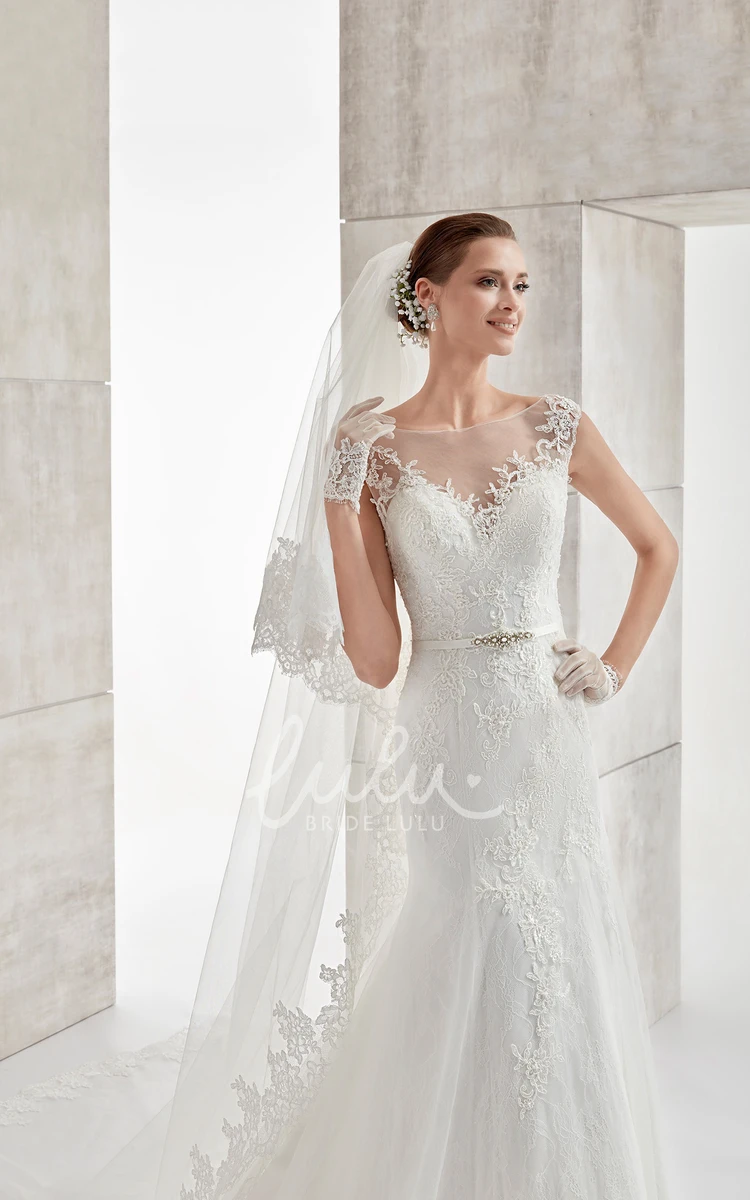 Mermaid Wedding Dress with Jewel-Neck Cap-Sleeves Beaded Belt and Illusive Design