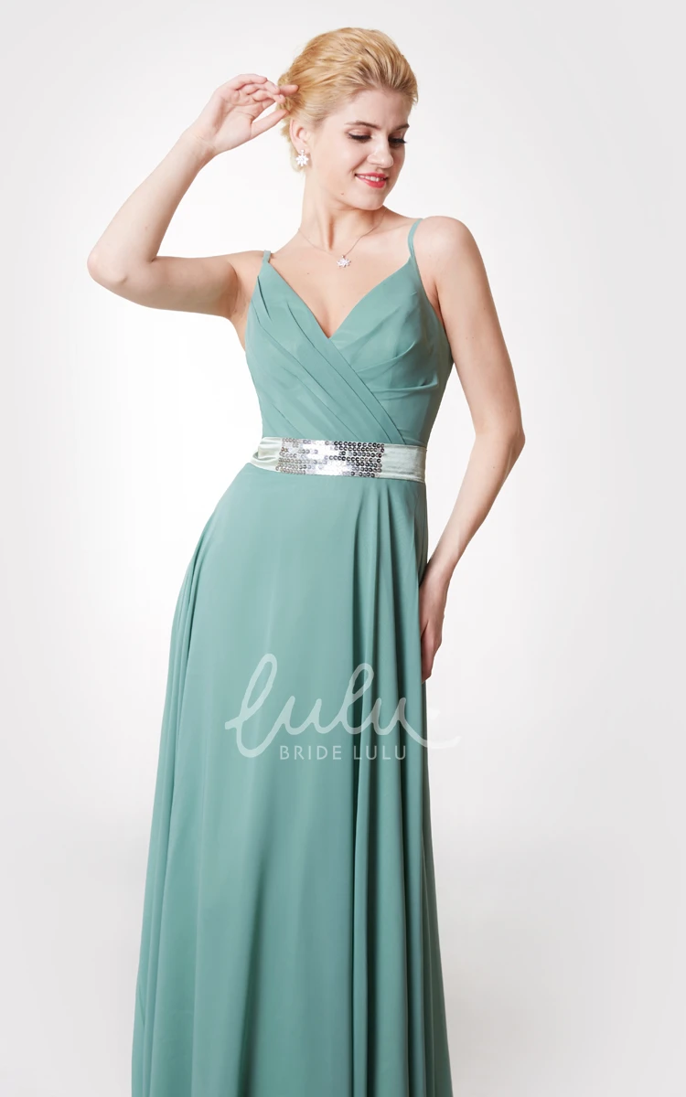 V Neck Ruched Chiffon Gown with Beaded Sash Elegant Bridesmaid Dress