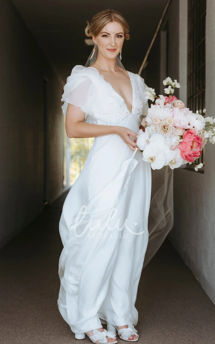 Sheath V-neck Elegant Bridal Dress Short Sleeve White Chiffon Sweep Train