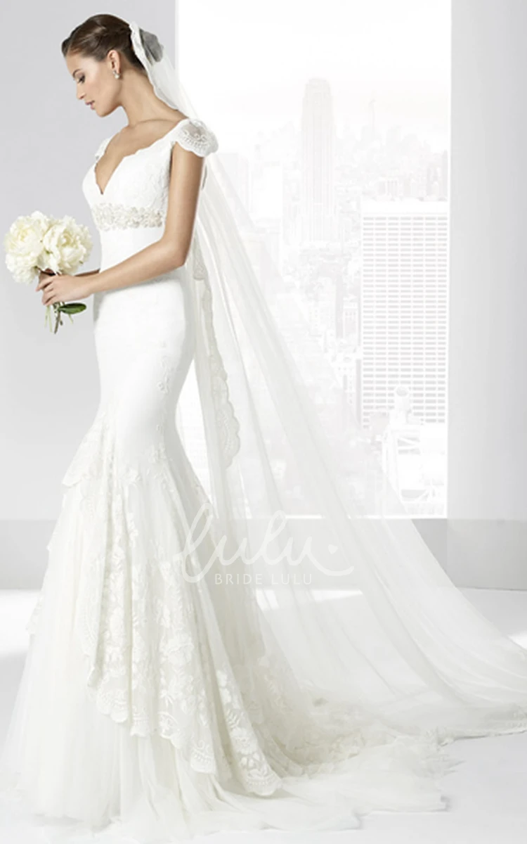 Mermaid Appliqued Lace Wedding Dress with Cap-Sleeve and Waist Jewellery