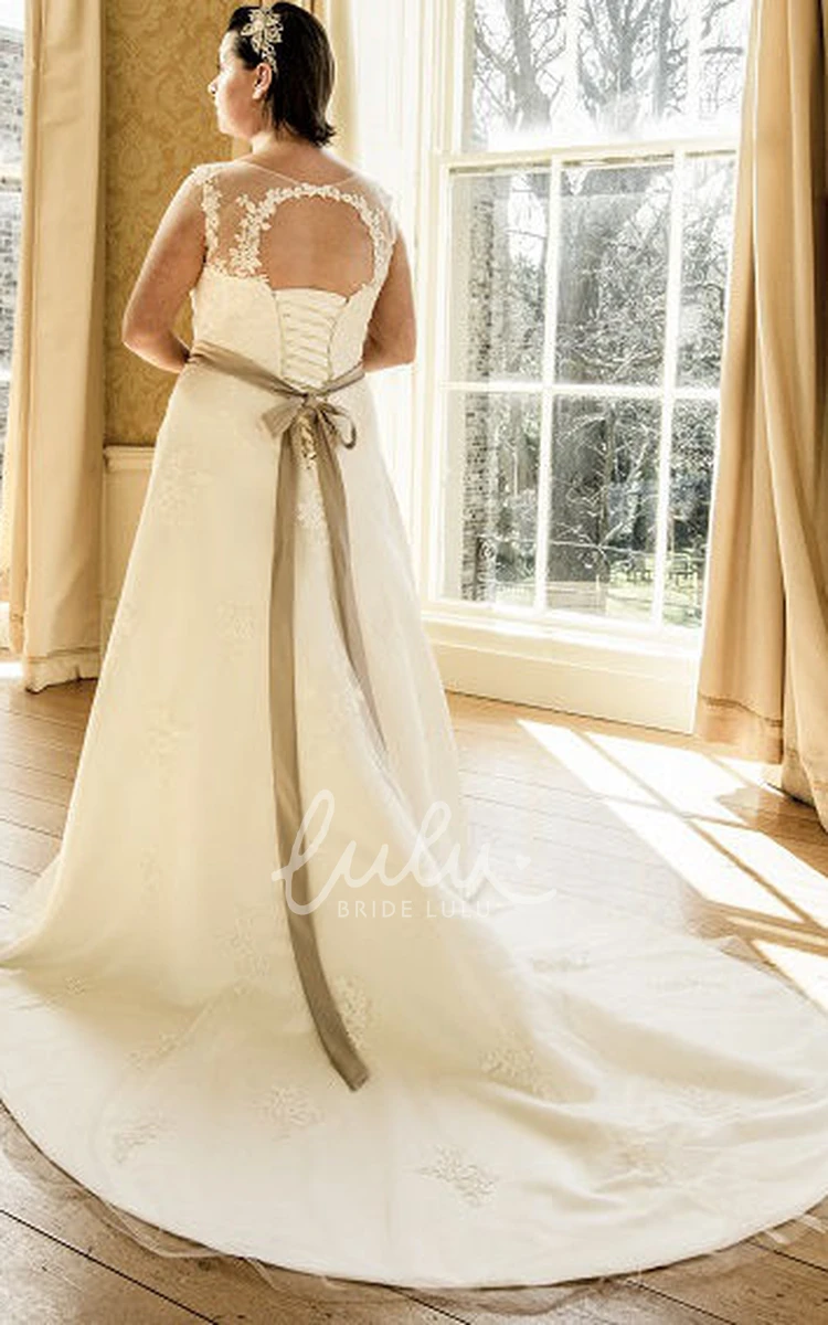 Crystal Satin Sash Tulle Wedding Dress with Jewel Neck Modern Bridal Gown