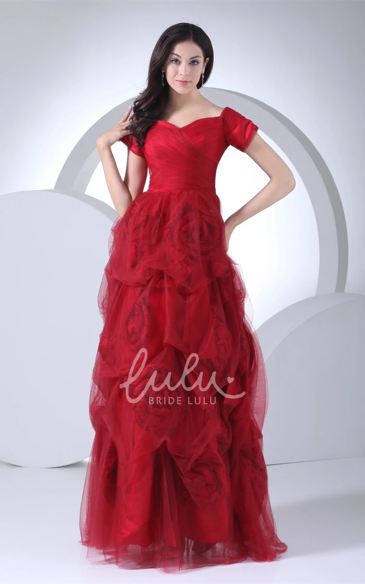 Short-Sleeve A-Line Tulle Prom Gown with Ruffles Prom Dress