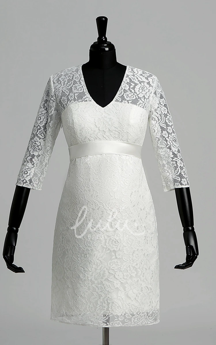 Maternity Wedding Dress Lace A-line V-neck Illusion 3/4 Length Sleeve Ruched