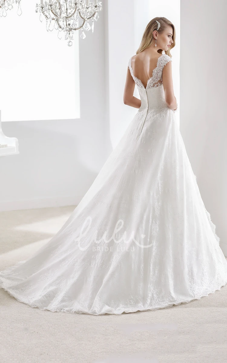 A-line Scalloped-neck Cap-sleeve Wedding Gown with V Back and Front-split Overlayer Classy Wedding Dress Women's Boho