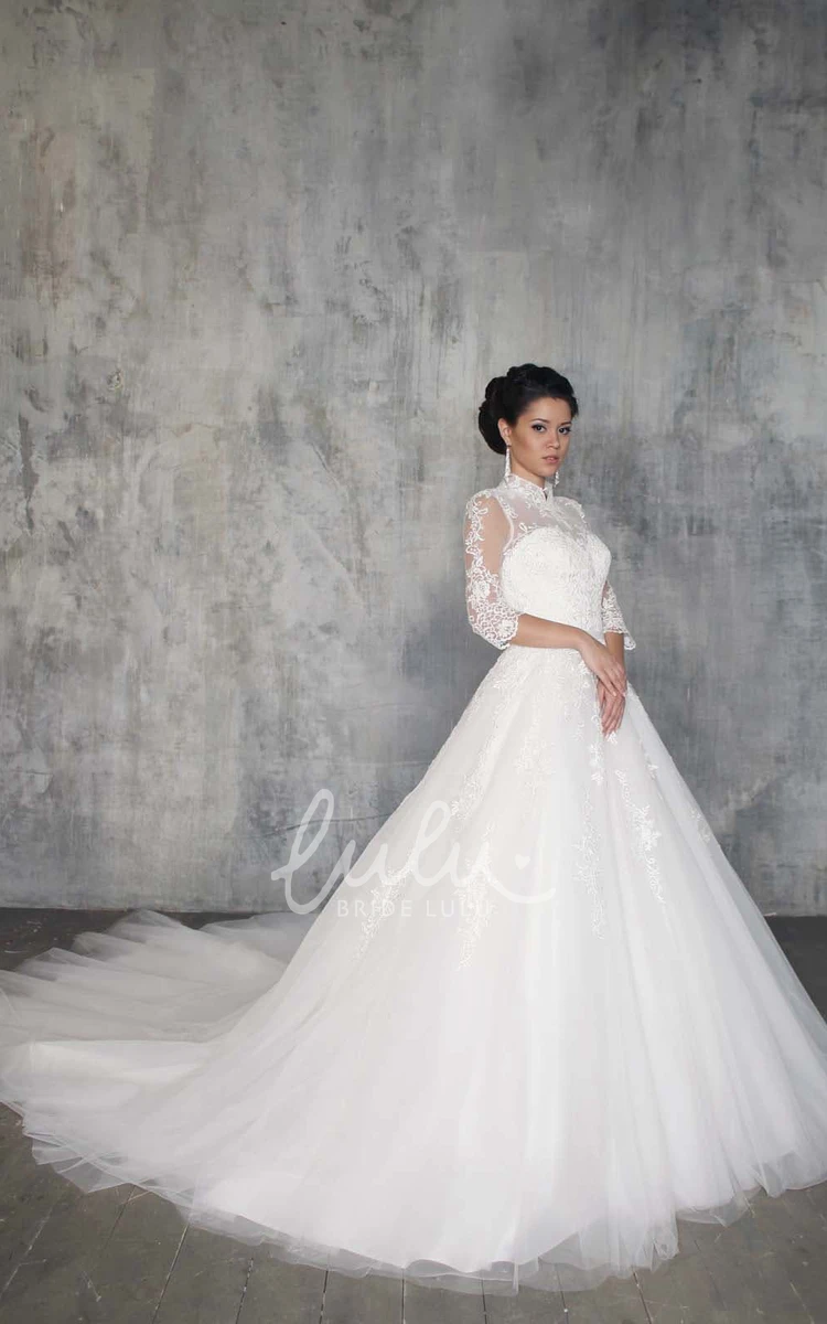 Illusion Tulle Ball Gown Wedding Dress with 3/4 Sleeves and Appliques