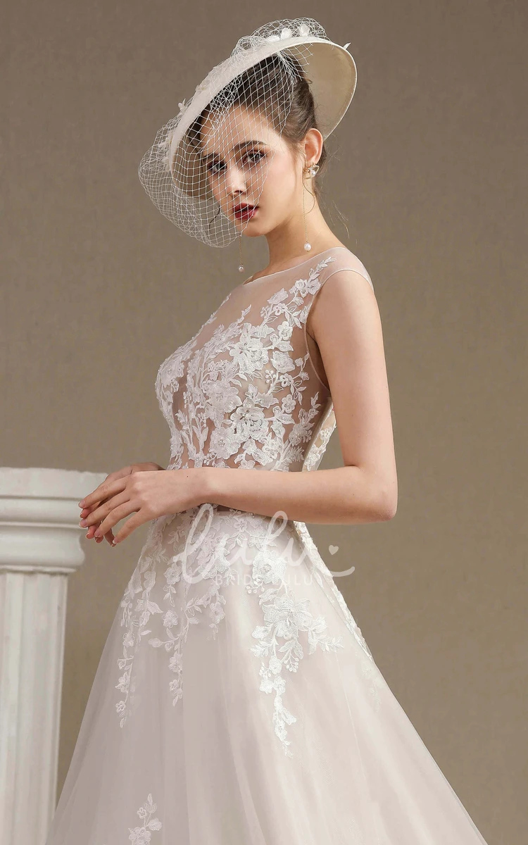 Lace Appliqued Ballgown Wedding Dress with Illusion Top and Cap Sleeves