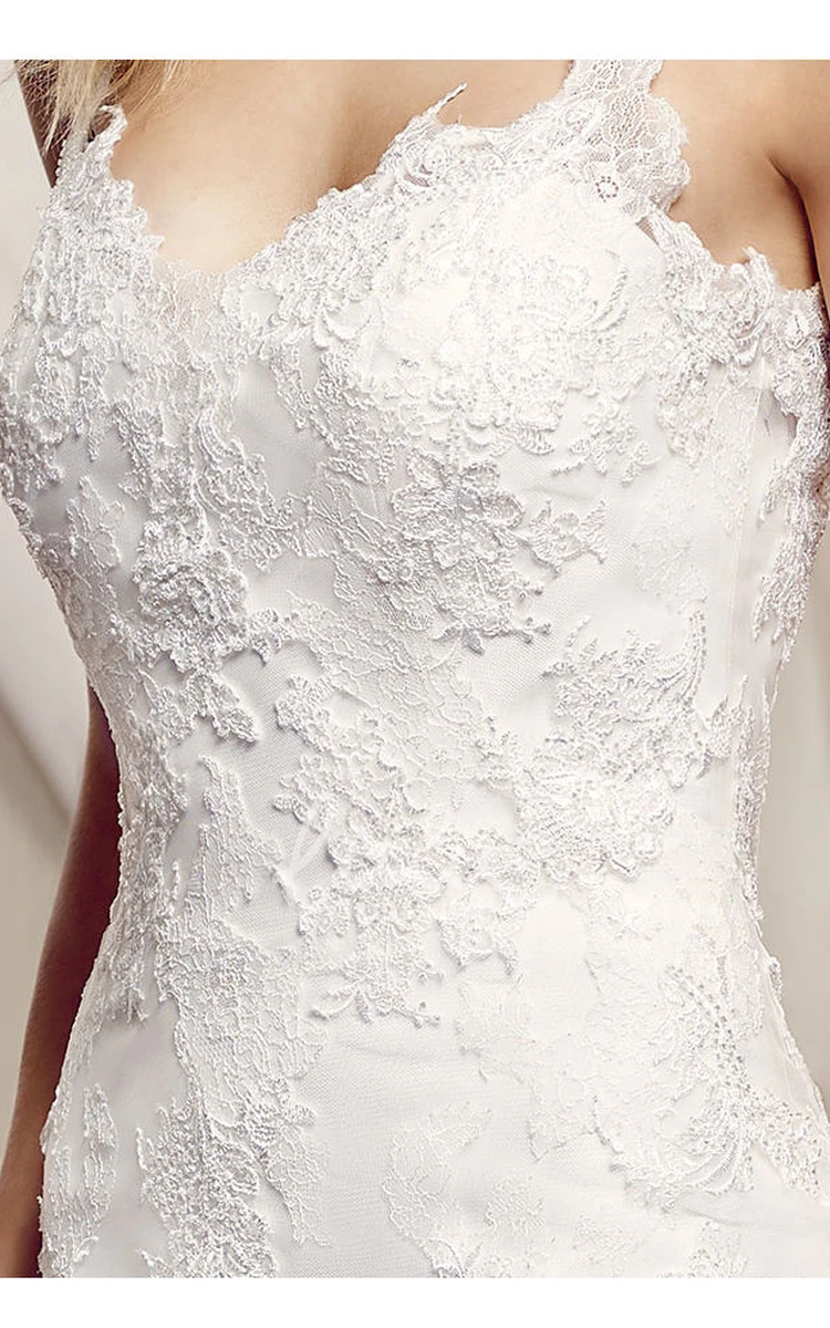 Appliqued Lace Wedding Dress with Illusion and Court Train Maxi Straps