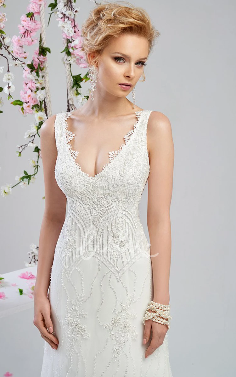 V-Neck Beaded Lace A-Line Wedding Dress Floor-Length