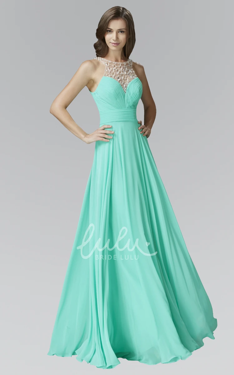 Chiffon A-Line Deep-V Back Formal Dress with Beading and Pleats