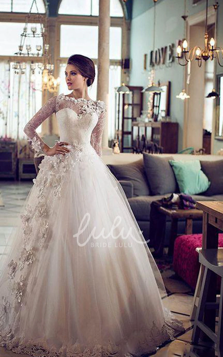 Flower Lace Long Sleeve Tulle Wedding Dress with Bateau Neckline