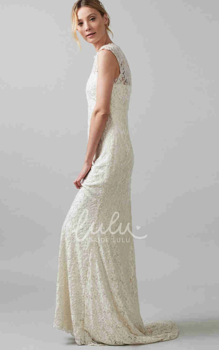 Lace Jewel-Neck Sheath Wedding Dress with Brush Train Elegant Bridal Gown