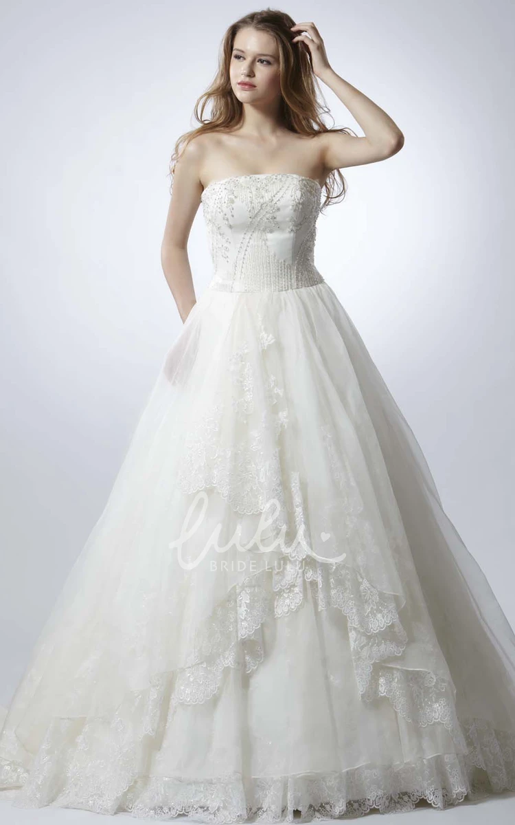 Beaded Appliqued Tulle Wedding Dress with V Back Strapless Style