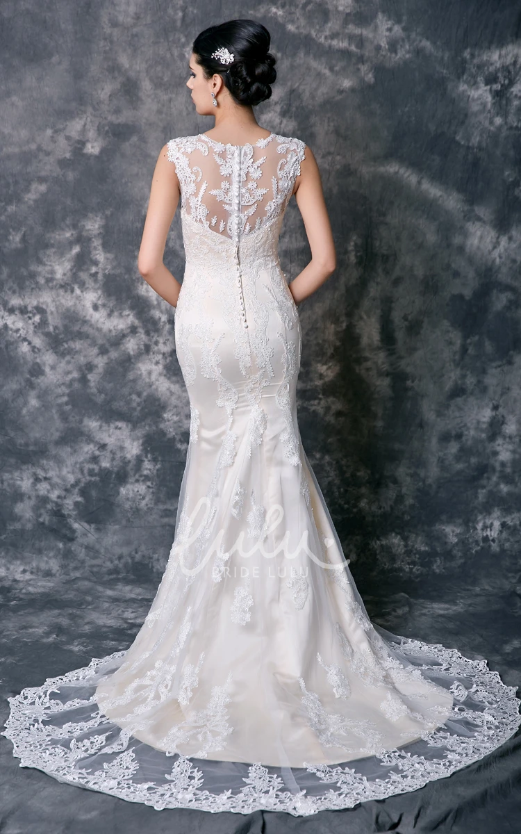 Lace Mermaid High Neck Wedding Dress with Court Train Elegant Sleeveless Bridal Gown