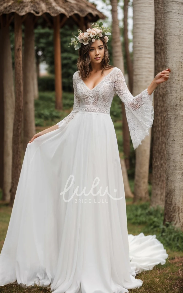 Sexy Boho A-Line V-Neck Lace Chiffon Winter Wedding Dress Backless with Bell Sleeves Bridal Gown