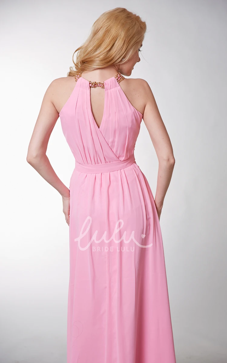 Long Chiffon Prom Dress with Halter Neckline and Keyhole Back