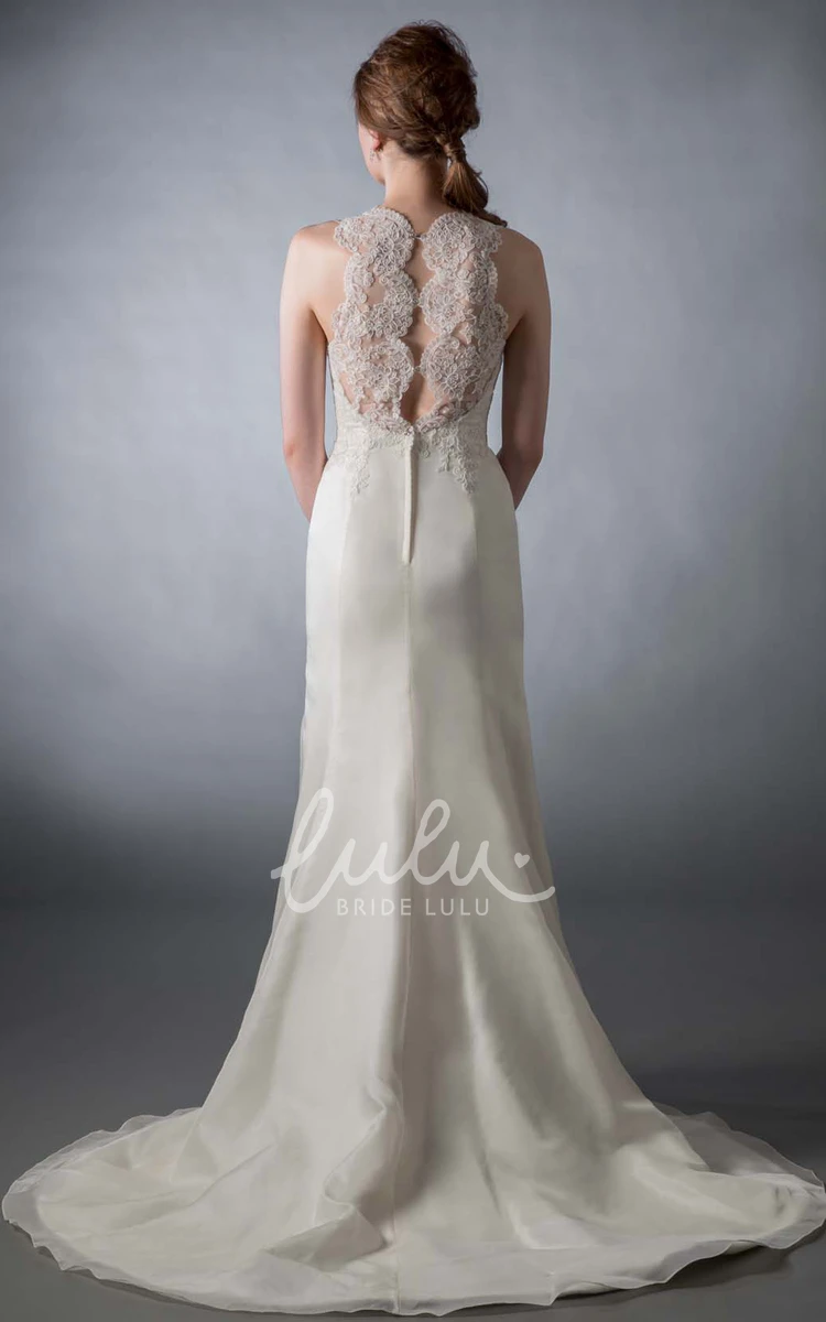 High Neck Sleeveless Satin A-Line Wedding Dress with Appliques and Court Train