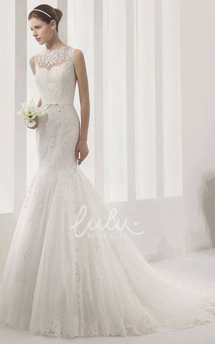 Illusion High Neck Lace Mermaid Dress with Pearl Belt Wedding Dress