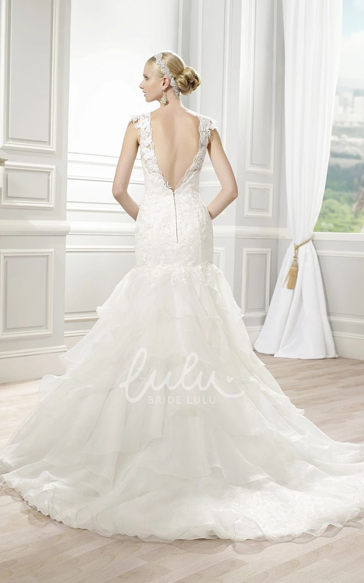 A-Line Lace&Organza Wedding Dress with Ruffles and Deep-V Back Sleeveless Floor-Length