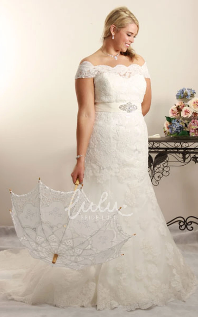 Plus Size Off-The-Shoulder Lace Wedding Dress Jeweled Trumpet Unique