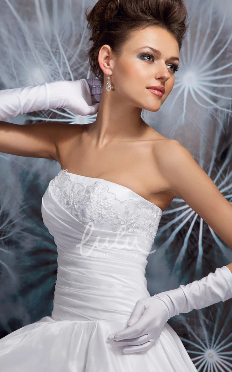 Strapless Satin High-Low Wedding Dress with Ruffled Appliques and Sweep Train