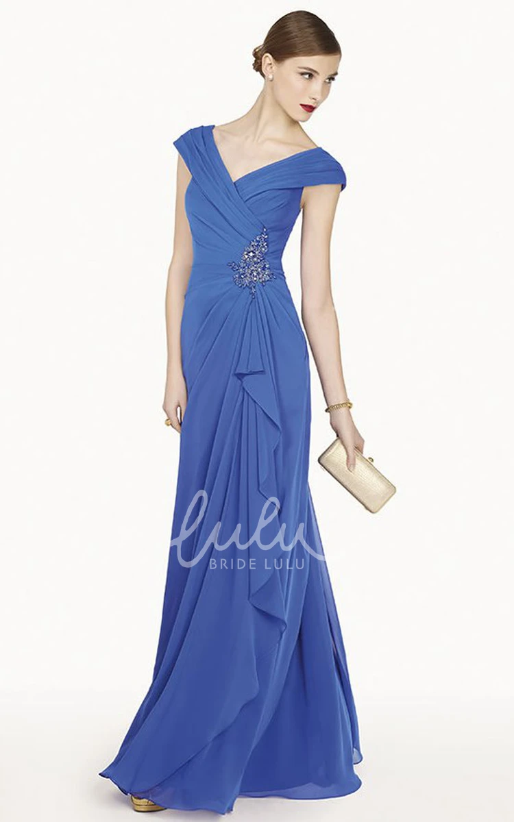 A-Line Chiffon Prom Dress with V-Neck and Cap Sleeves Long Ruffled