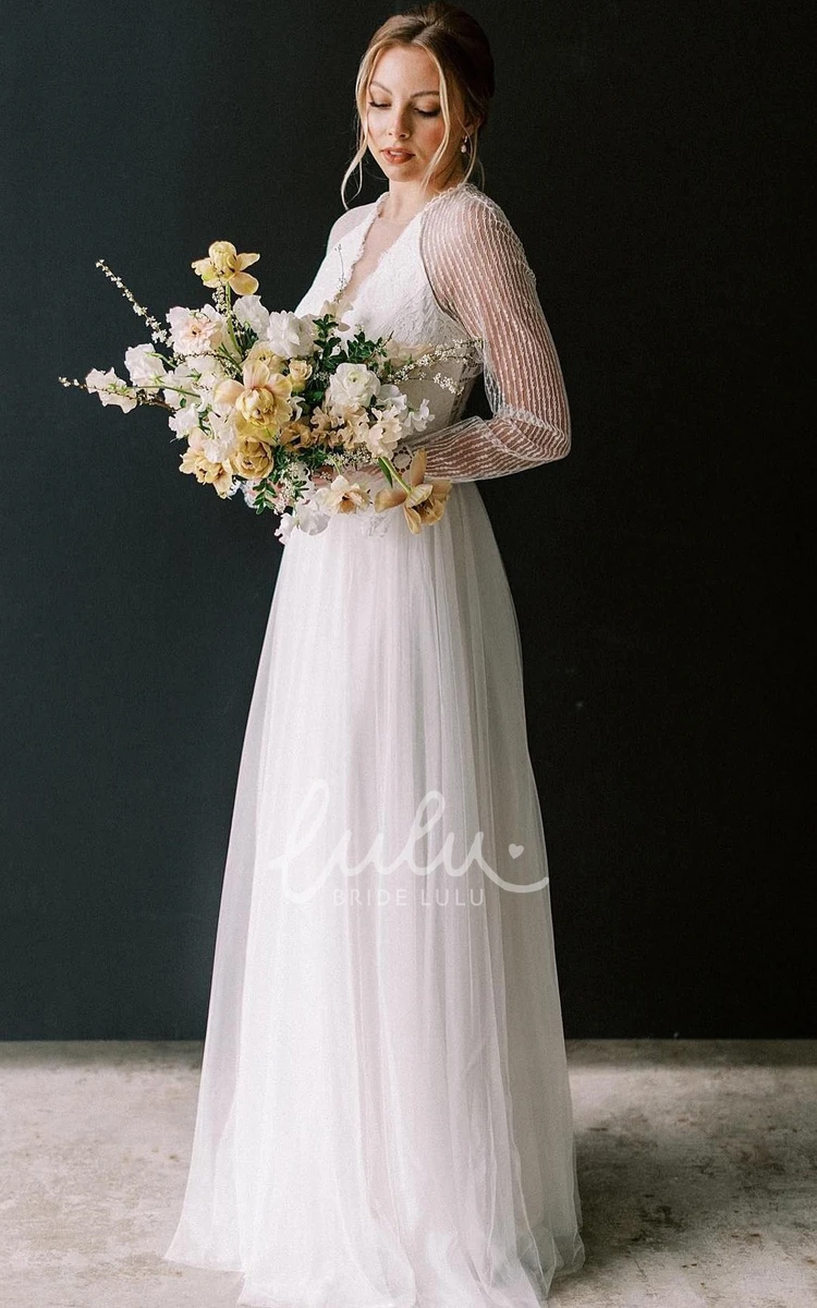 Bohemian Illusion Sleeve A-Line Wedding Dress with V-Neck Boho