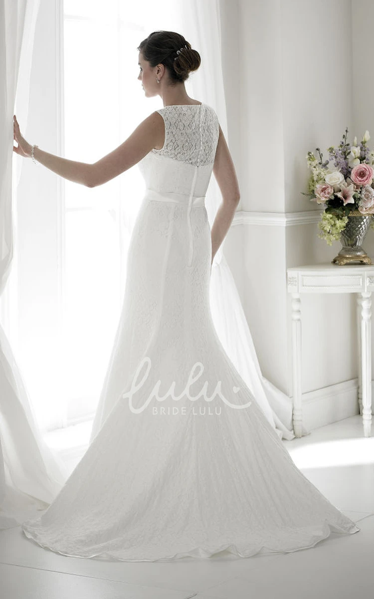 Jeweled Lace Illusion Back Wedding Dress with Watteau Train Trumpet Style