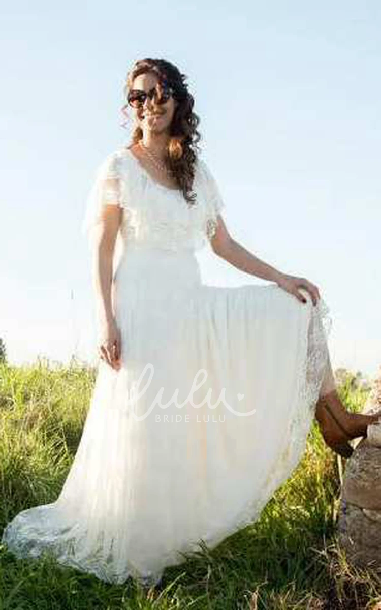 Lace and Pleated Wedding Dress Boho Scoop-Neck Unique