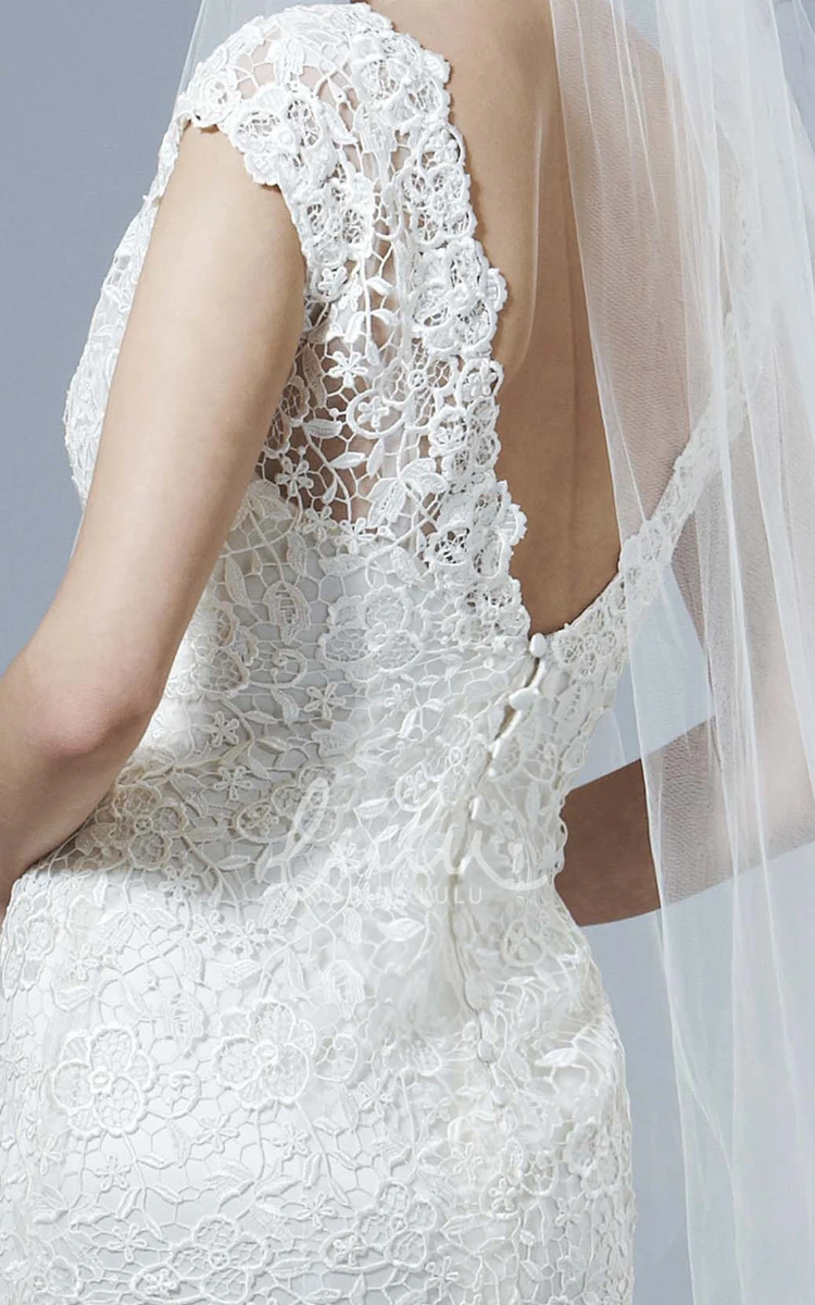 Cap-Sleeve Lace Wedding Dress with V-Back and Brush Train Classy Bridal Gown