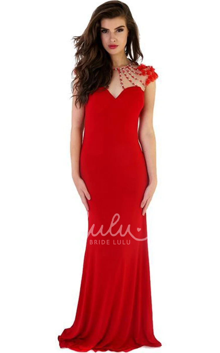 Cap-Sleeve Beaded Sheath Floor-Length Scoop Jersey Prom Dress with Flower and Keyhole Back Classy Bridesmaid Dress