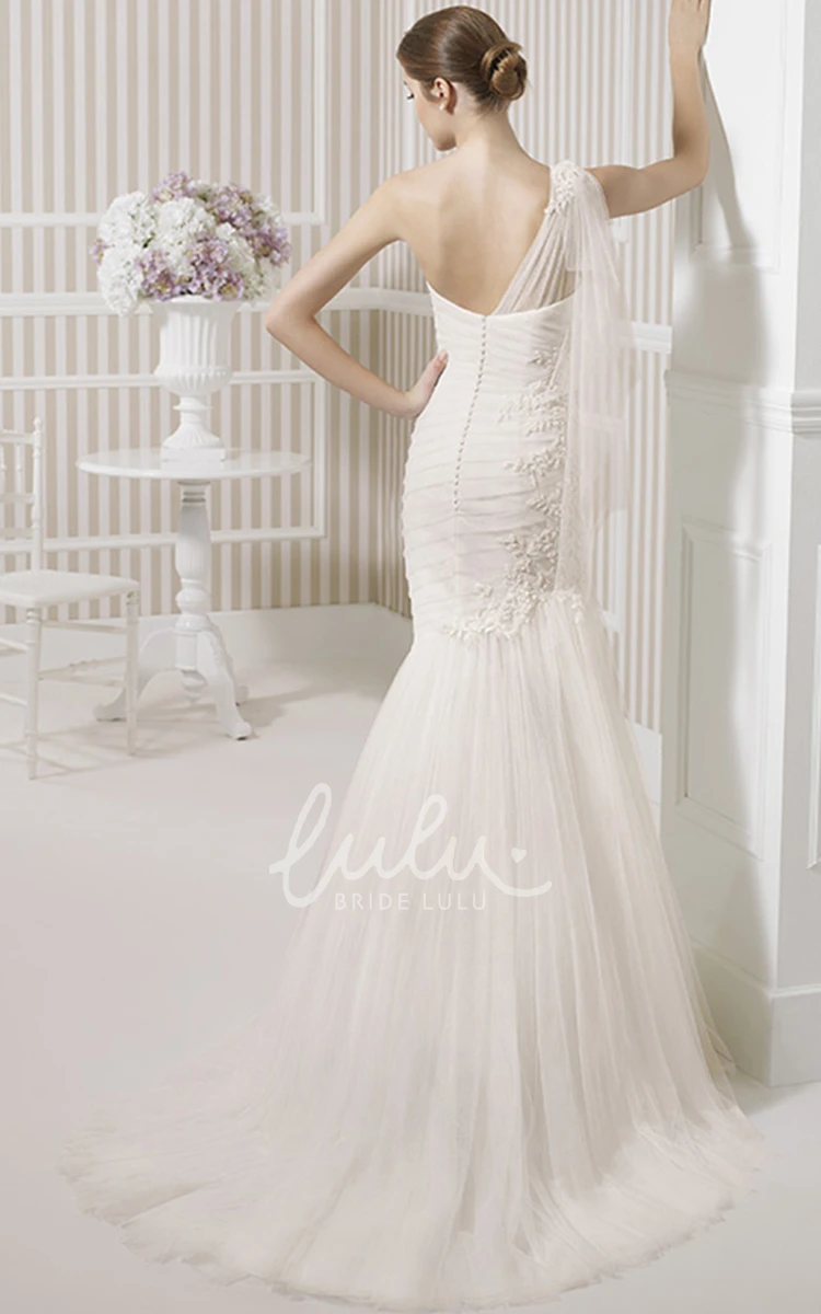 Ruched Tulle One-Shoulder Wedding Dress with Brush Train