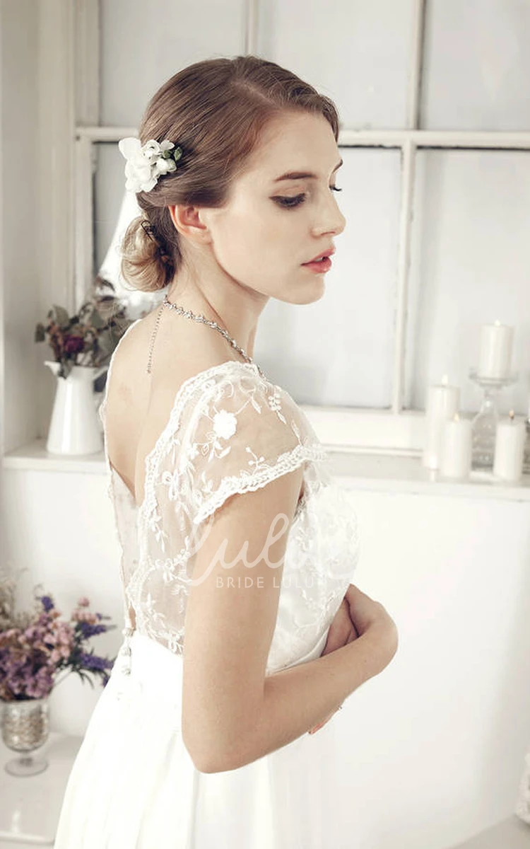 Embroidered V-Neck Chiffon Sheath Wedding Dress with Cap-Sleeves