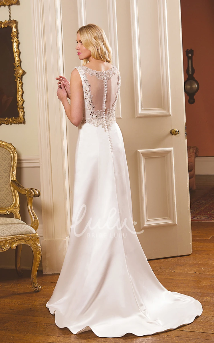 Beaded Satin Sheath Wedding Dress with Illusion Back and Straps Unique Bridal Gown