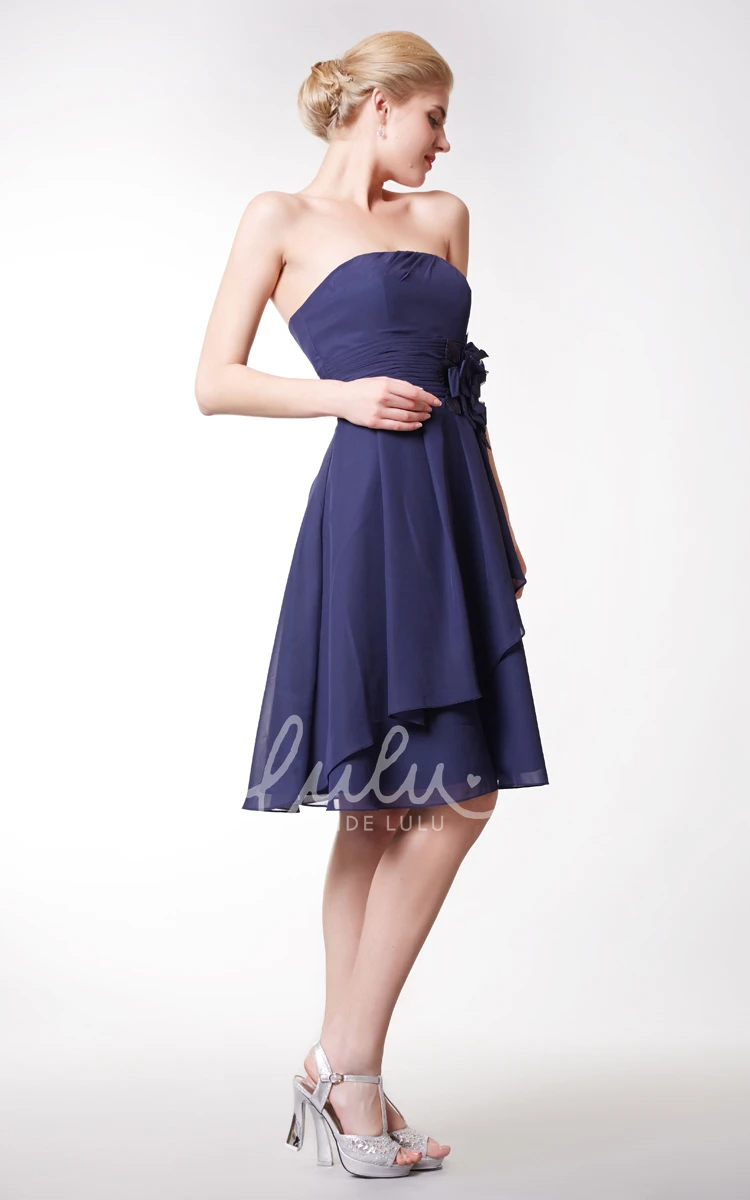 Knee Length Strapless Chiffon Dress with Side Draping & Flowers Cute & Flowy