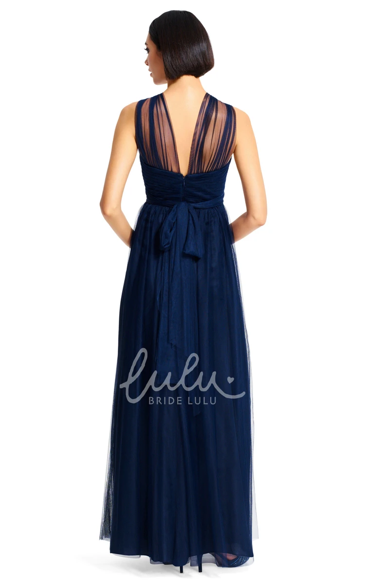 Strapped Sleeveless Tulle A-Line Bridesmaid Dress Long and Ruched with Sash