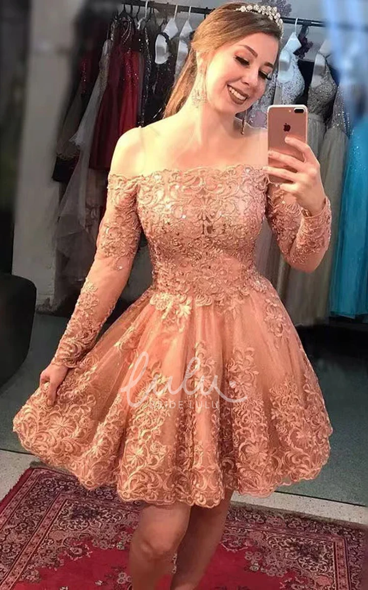 Off-the-shoulder A-line Lace Short Homecoming Dress with Long Sleeve and Appliques Adorable Bridesmaid Dress