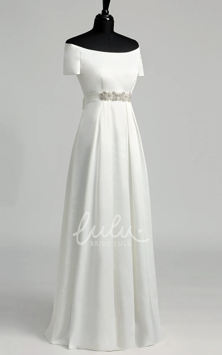 Satin A-Line Wedding Dress with Floor-Length Beading and Pleats