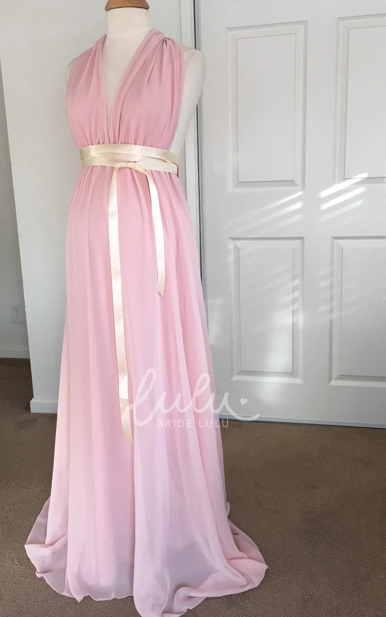 A-line Chiffon V-neck Sleeveless Maternity Bridesmaid Dress with Sash