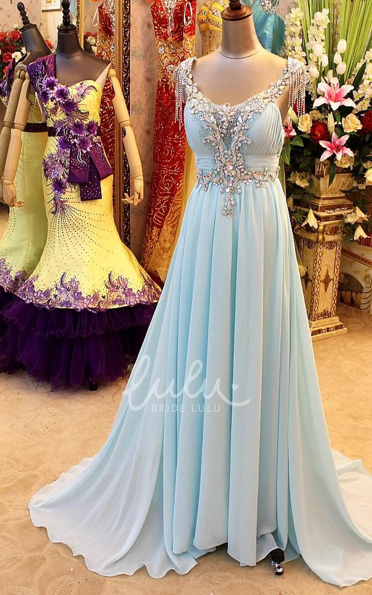 A-Line Backless Blue Prom Dress with Crystal Beading and Blingbling Details