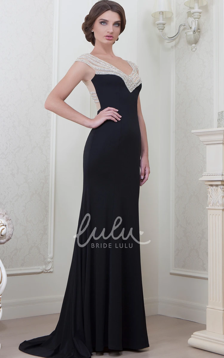Long Beaded Jersey Evening Dress with Cap Sleeves and V-Neck