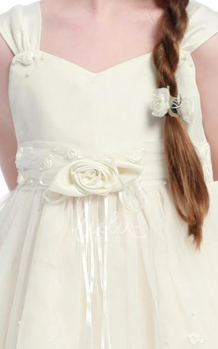 Tea-Length Tulle Satin Floral Flower Girl Dress Elegant 2024