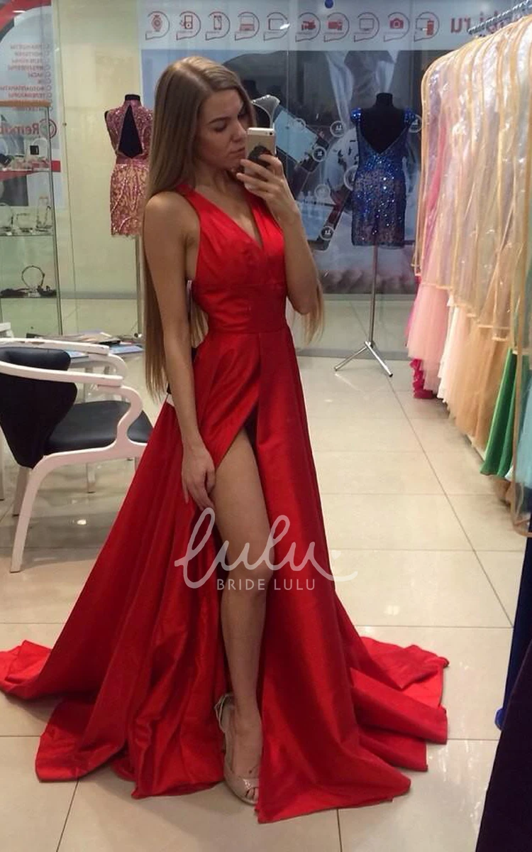 Red V-neck Prom Dress with Front Split and Sleeveless Design