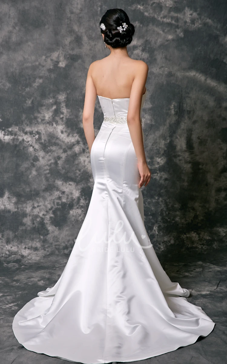 Satin Mermaid Wedding Dress with Sweetheart Sleeveless Neckline and Beaded Waist