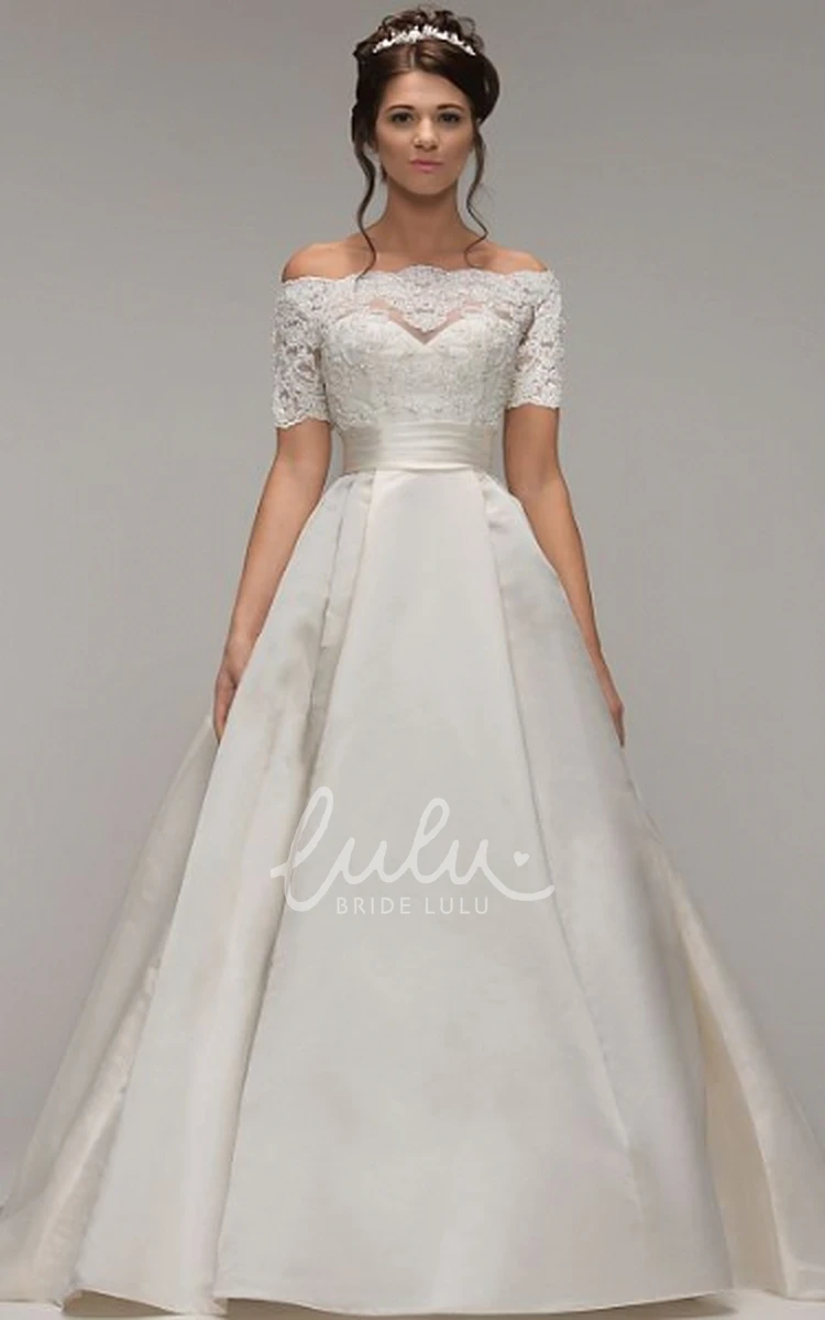 Illusion Off-The-Shoulder A-Line Satin Wedding Dress