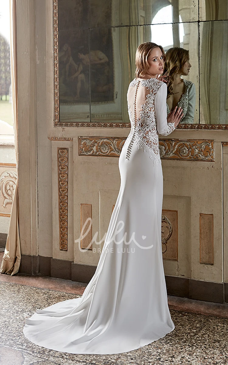 V-Neck Chiffon Sheath Wedding Dress with Jeweled Long Sleeves and Lace Illusion