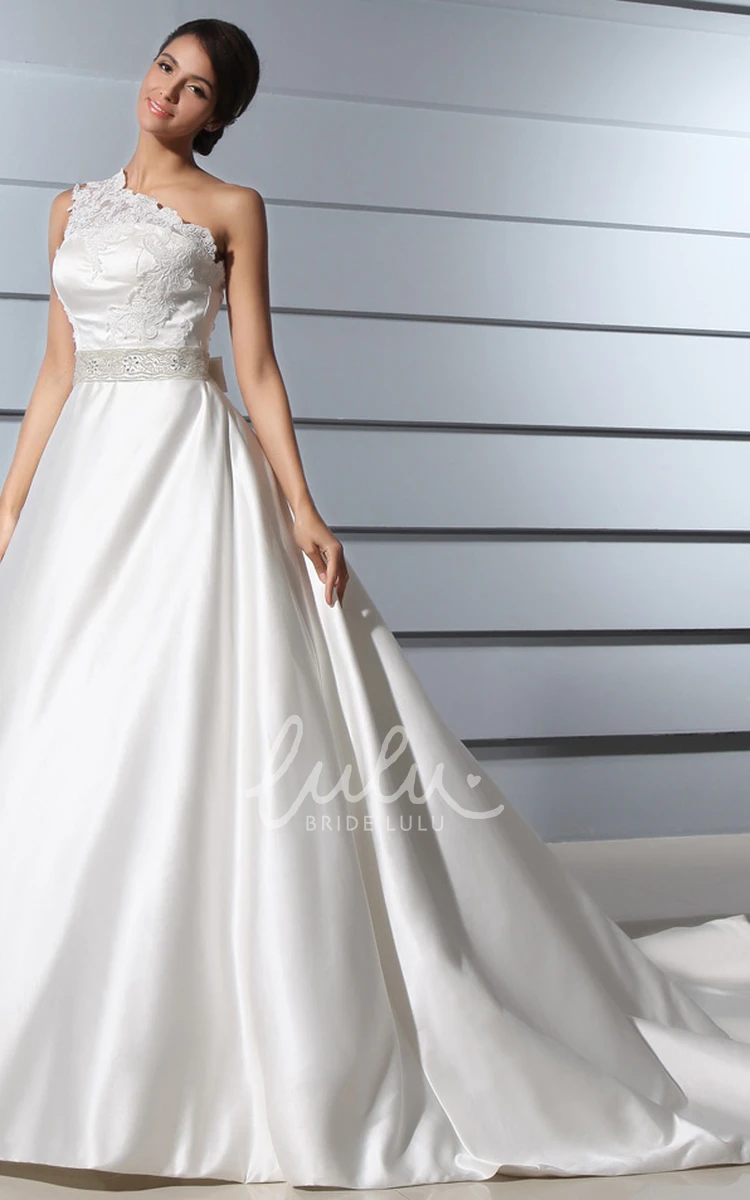 Satin Wedding Dress with Lace Bodice One-Shoulder Chapel Train A-Line