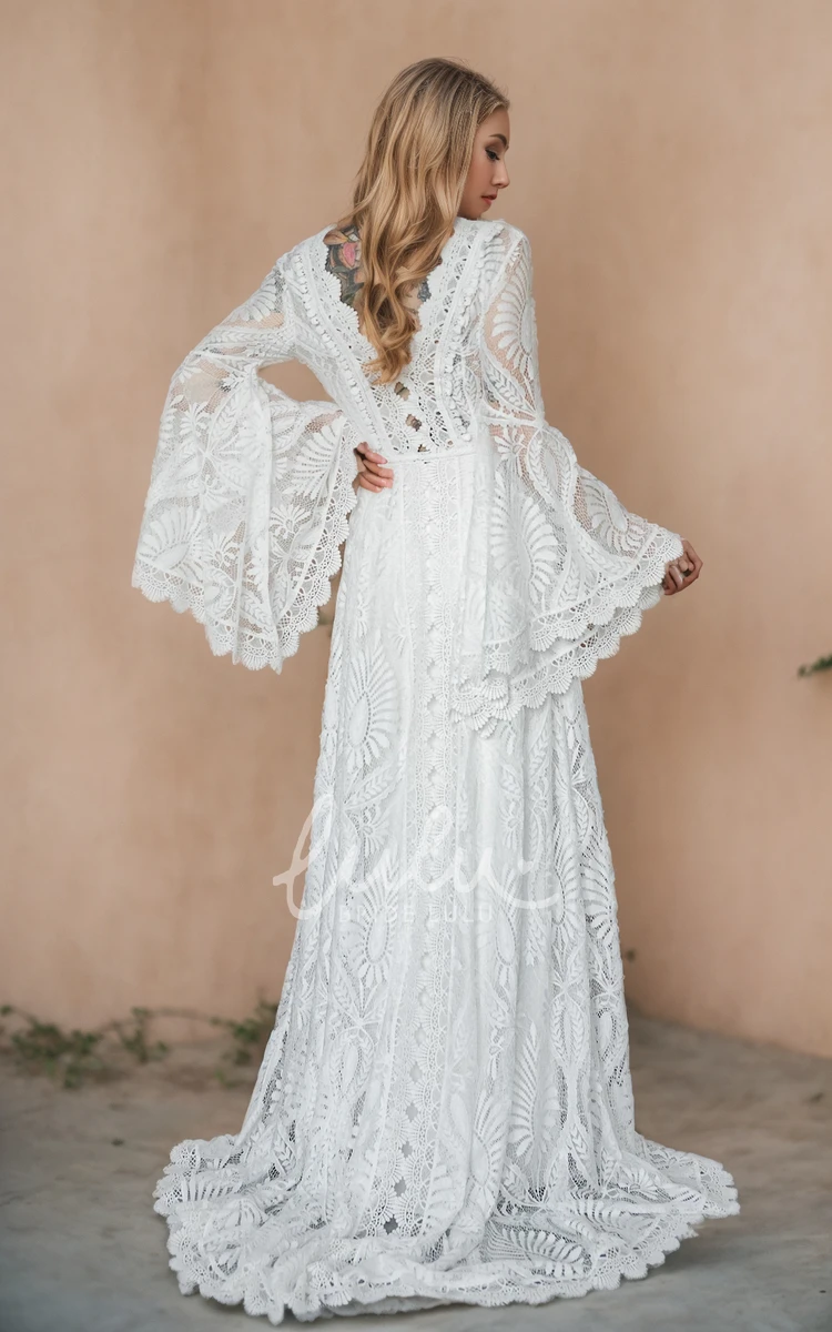 Boho Lace A-line V-Neck Beach Dress Casual Keyhole Ribbon Bell Informal Sweep Train Wedding Dress