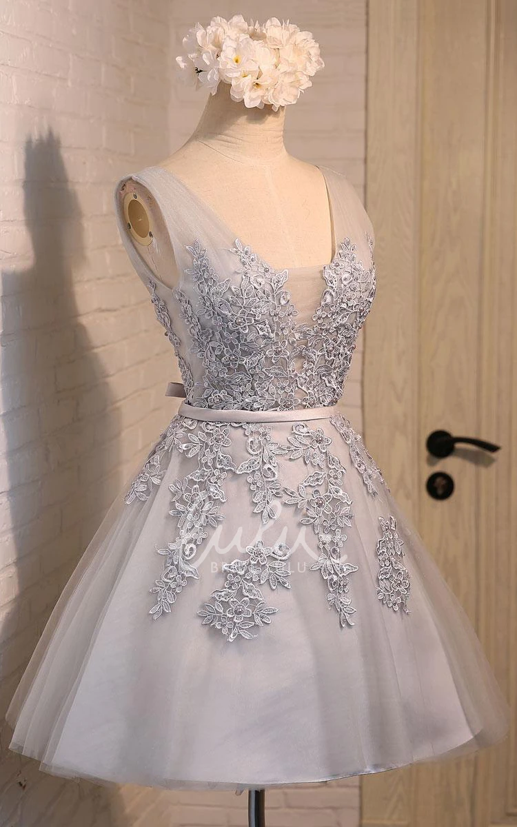 Short V-neck Tulle Lace Dress with Bow Beading and Appliques