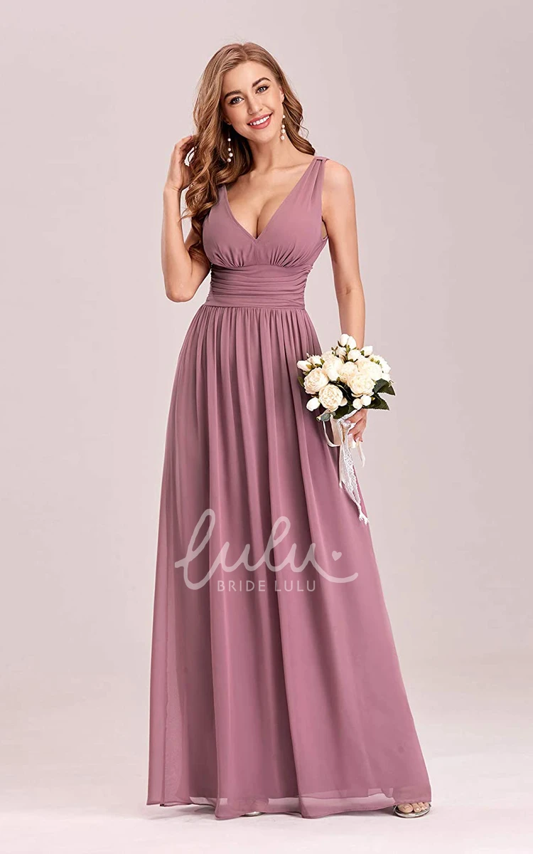 Romantic Chiffon V-neck A-line Prom Dress with Ruffles and Sleeveless Bridesmaid Dress