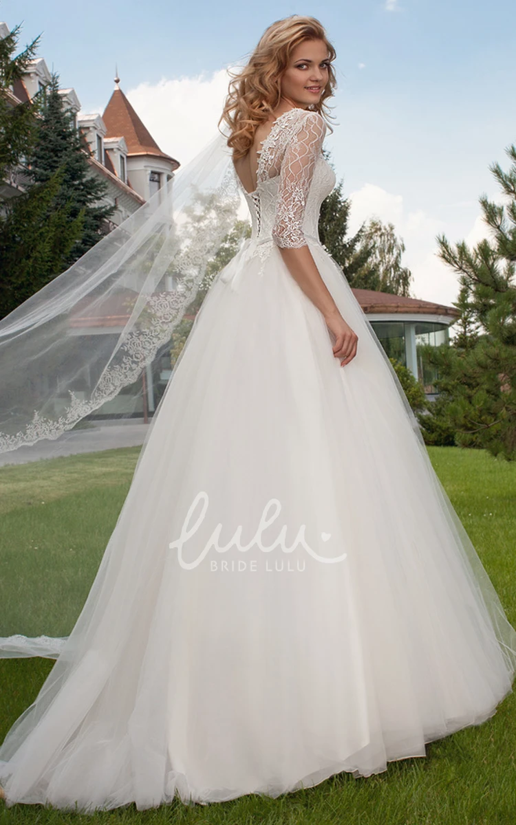 Jewel Neck Tulle Wedding Dress Ball Gown Half Sleeves Appliqued